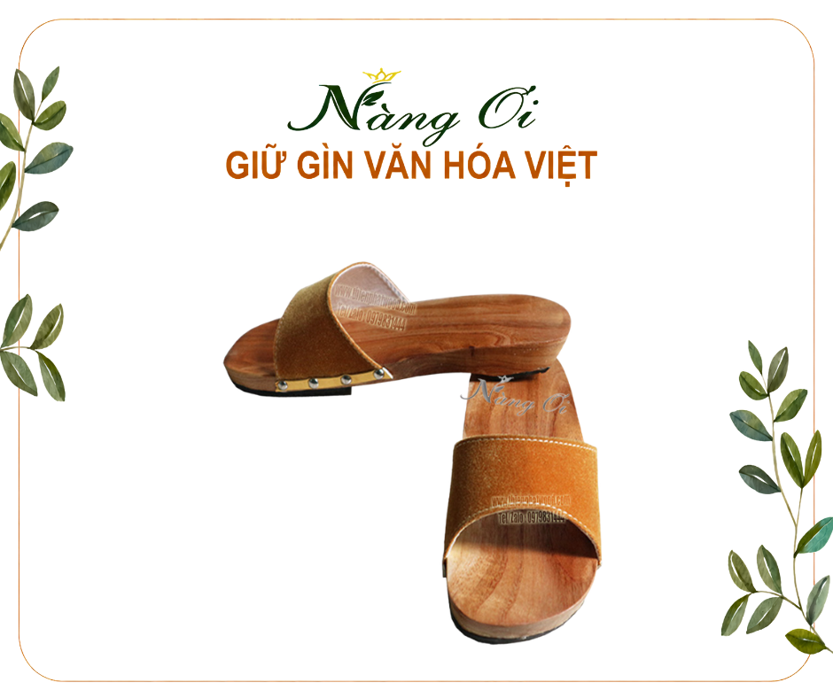guốc gỗ quai vạt eo màu vàng đất chất liệu nhung mềm mạ